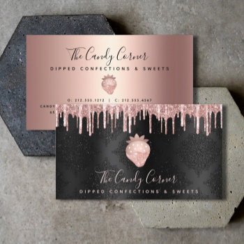 Strawberry Rose Gold Drips Confection Sweets Black Business Card by Luceworks at Zazzle