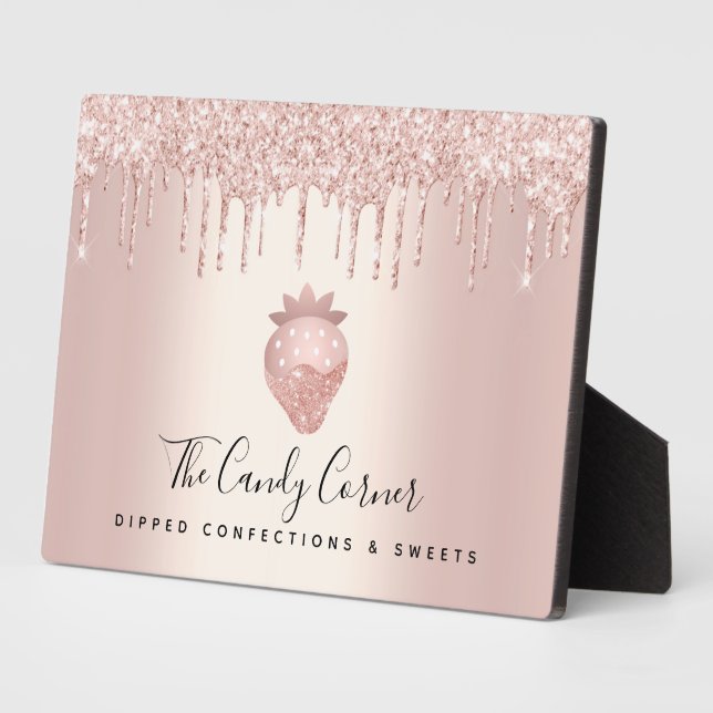 Strawberry Rose Gold Glitter Drips Dessert Sweets Plaque (Side)