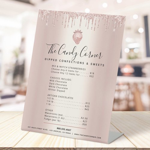 Strawberry Rose Gold Glitter Drips Menu Price List Pedestal Sign