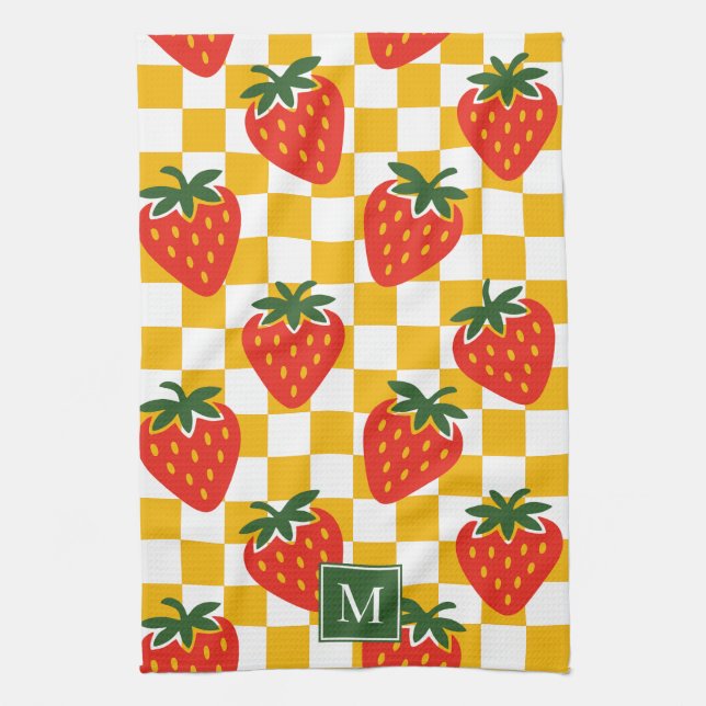 Strawberry Rustic Farmhouse Checkered Monogram Kitchen Towel (Vertical)