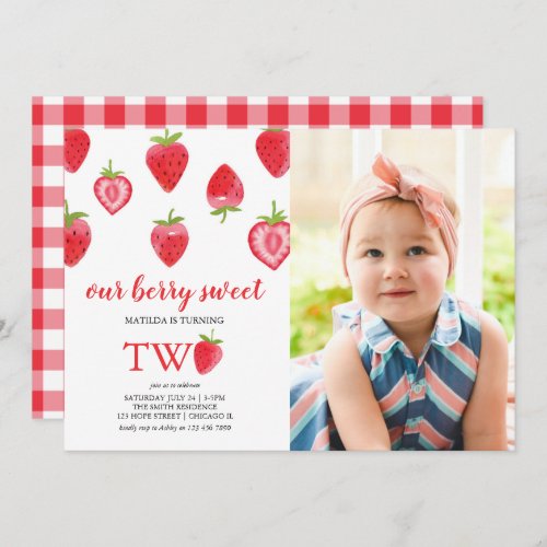 Strawberry Second Birthday Party Photo Invitation