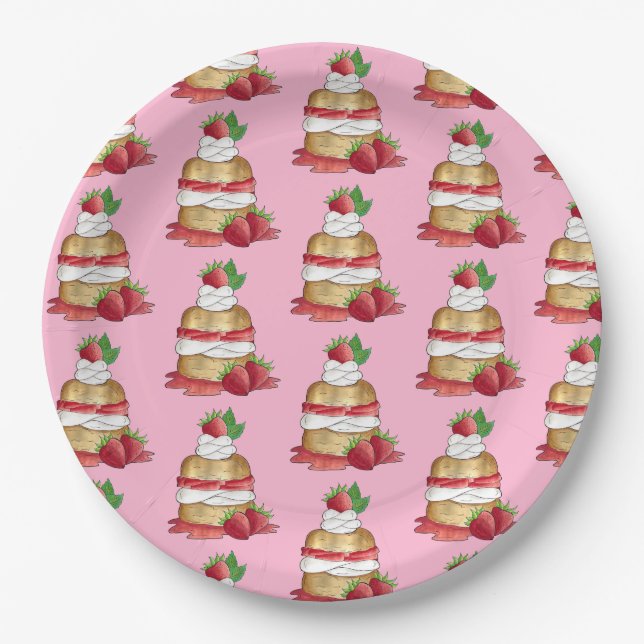 Strawberry Shortcake Cake Dessert Strawberries Paper Plates (Front)