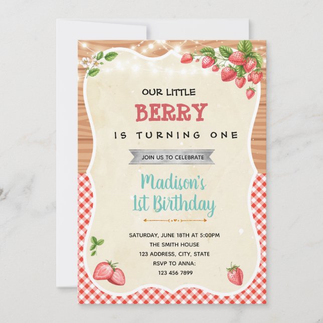 Strawberry shower birthday party invitation  (Front)