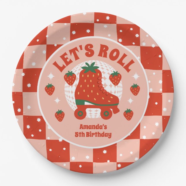 Strawberry Skates | Retro Roller Skating Birthday Paper Plates (Front)