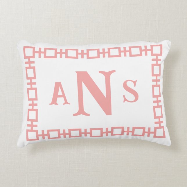 Strawberry Square Greek Key Monogram Accent Pillow (Front)