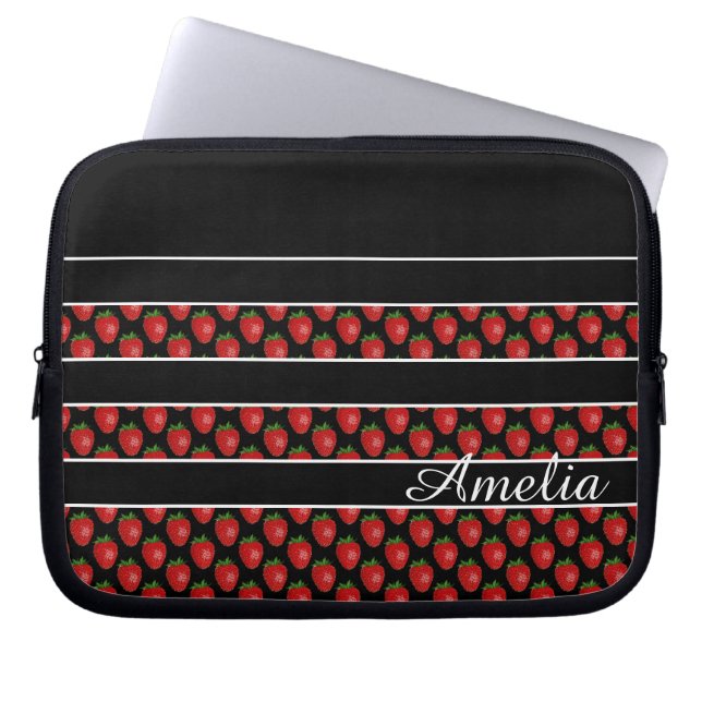 Strawberry Stripes Black Personalised Laptop Sleeve (Front)