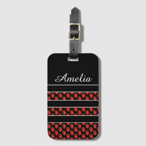 Strawberry Stripes Black Personalised Luggage Tag