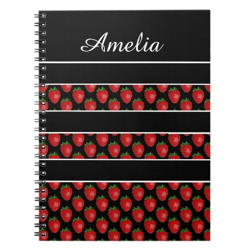 Strawberry Stripes Black Personalised Notebook
