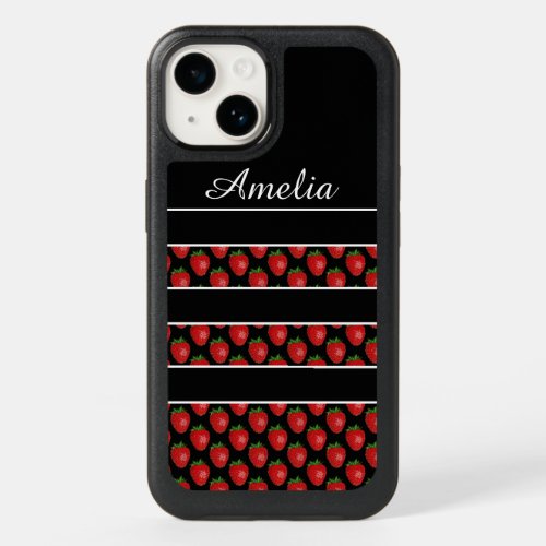 Strawberry Stripes Black Personalised OtterBox iPhone 14 Case