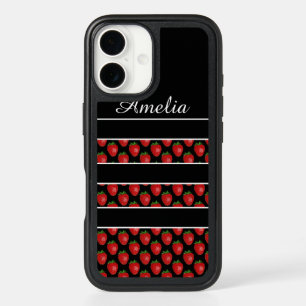 Strawberry Stripes Black Personalised iPhone 16 Case
