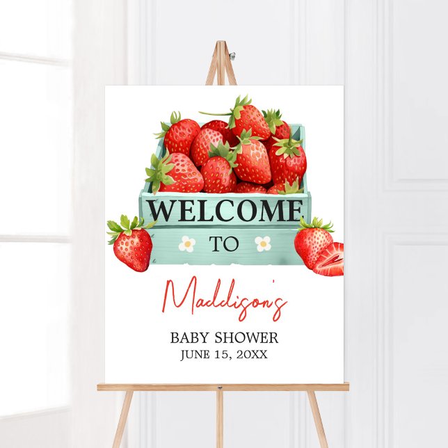 Strawberry Summer Baby Shower Welcome Poster (Berry Sweet Baby Shower Welcome Sign)