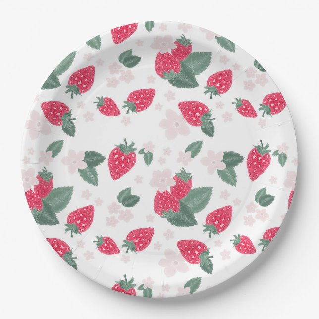 Strawberry Summer Berry Birthday Picnic Party Paper Plates (Front)
