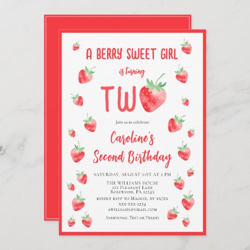 Strawberry Summer Berry Sweet Second Girl Birthday Invitation