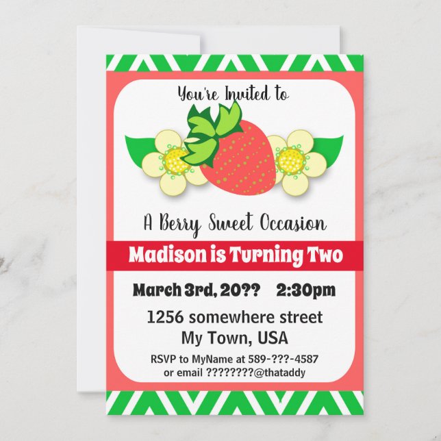 Strawberry Summer Birthday Party Invitations (Front)