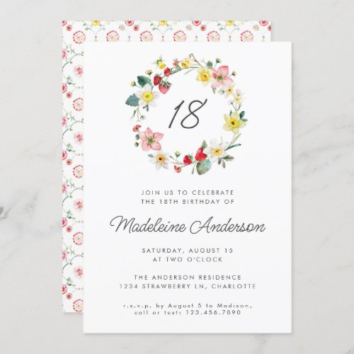 Strawberry Summer Flower Wreath 18th Birthday Invitation