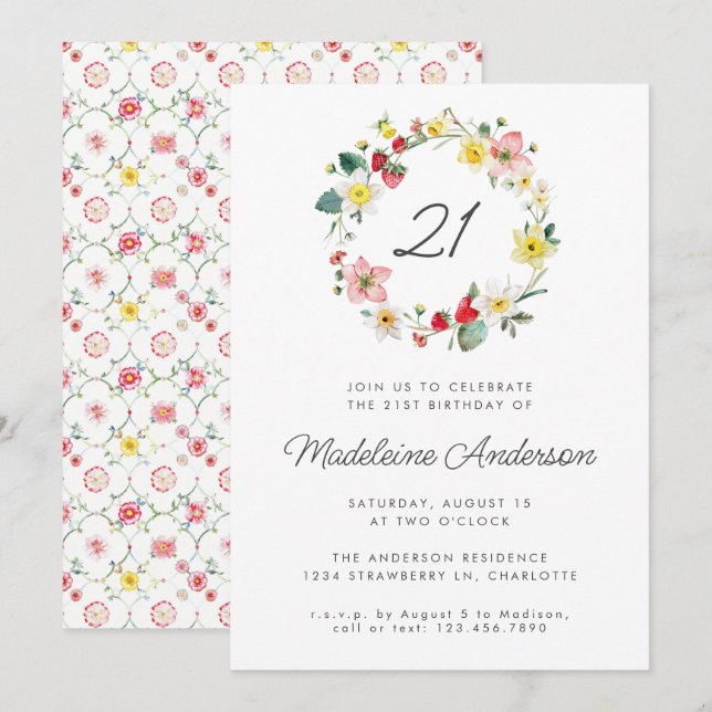 Strawberry Summer Flower Wreath 21st Birthday Invitation (Front/Back)