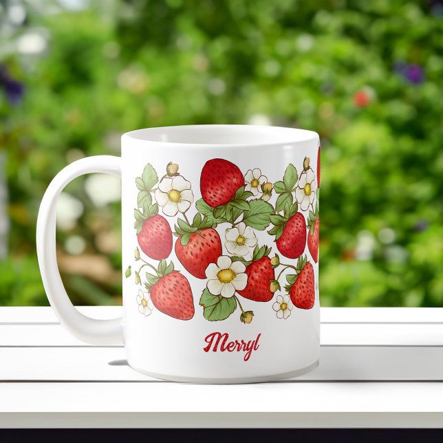 Strawberry summer fruit customized name coffee mug (Strawberry summer fruit collage customized personalized name coffee mug bridesmaids gifts for her)