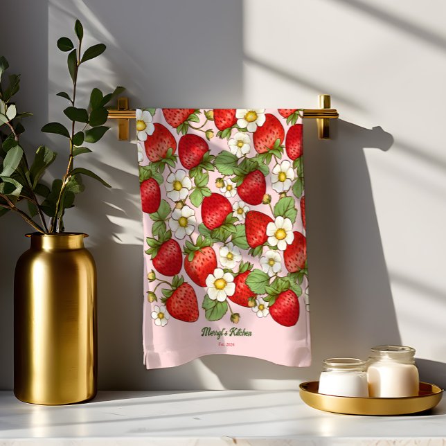 Strawberry summer fruit customized name kitchen towel (Strawberry pattern summer fruit personalized name kitchen towel customized housewarming gifts)