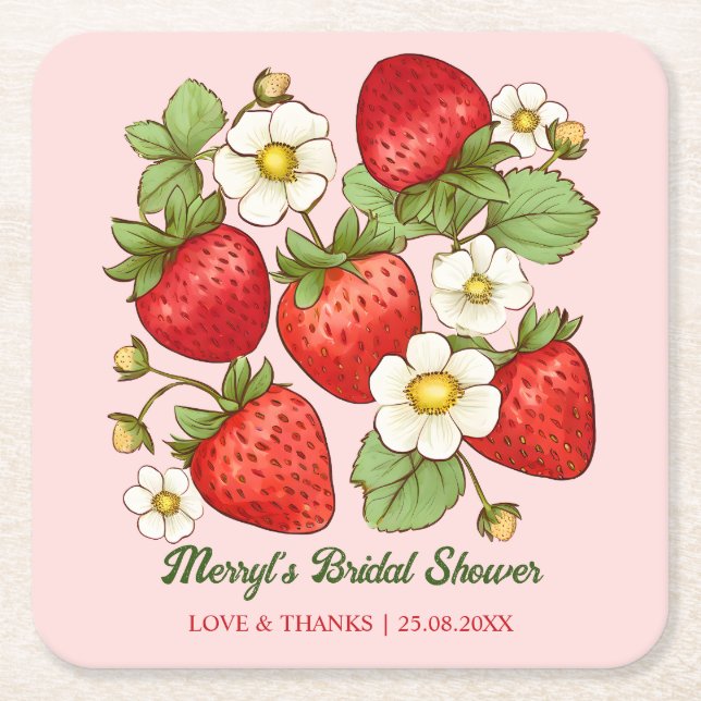 Strawberry summer fruit customized name square paper coaster (Front)