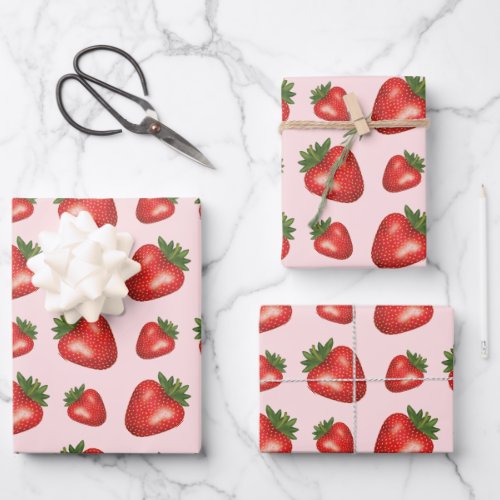 Strawberry Summer Fruit Pattern On Pink Wrapping Paper Sheets