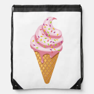 Strawberry sundae in waffle cone with topping drawstring bag