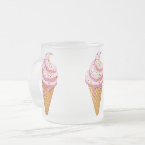 Strawberry sundae in waffle cone with topping frosted glass coffee mug