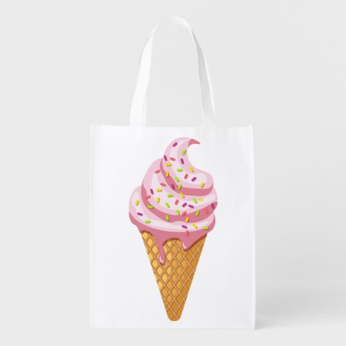 Strawberry sundae in waffle cone with topping grocery bag