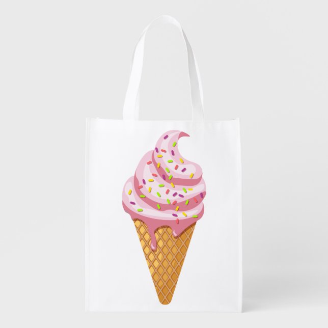 Strawberry sundae in waffle cone with topping grocery bag (Front)