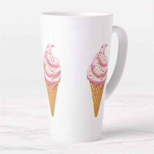 Strawberry sundae in waffle cone with topping latte mug