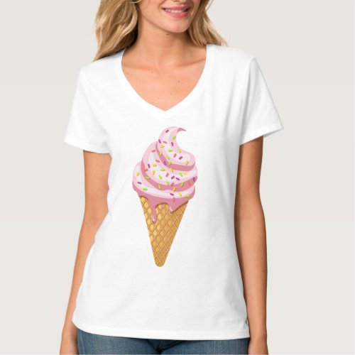 Strawberry sundae in waffle cone with topping T_Sh T_Shirt