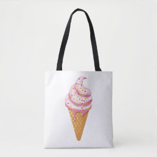Strawberry sundae in waffle cone with topping tote bag