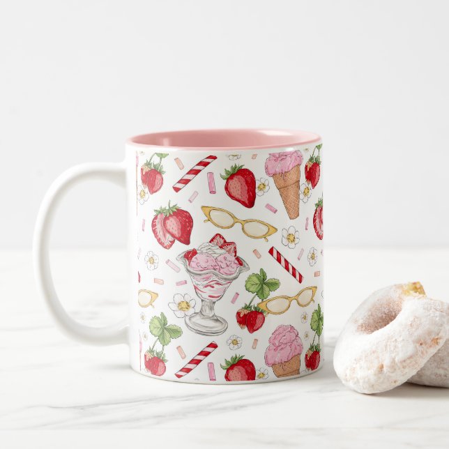 Strawberry Sundae Pattern Two-Tone Coffee Mug (With Donut)