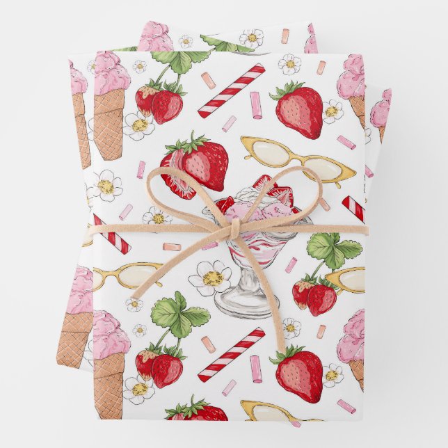 Strawberry Sundae Pattern Wrapping Paper Sheets (In situ)