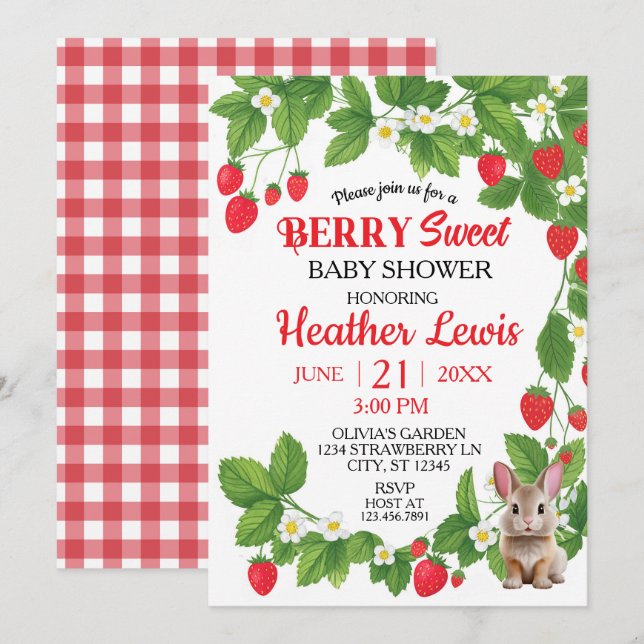 Strawberry Sweet Bunny Baby Shower (Red & White) Invitation (Front/Back)