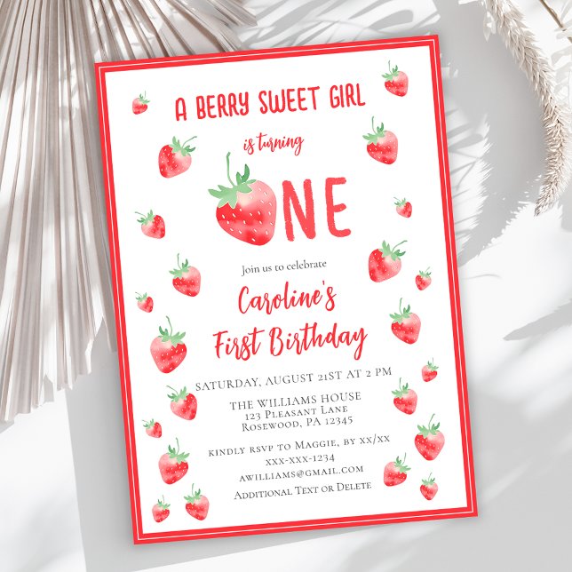 Strawberry Sweet First Birthday Invitation (Creator Uploaded)