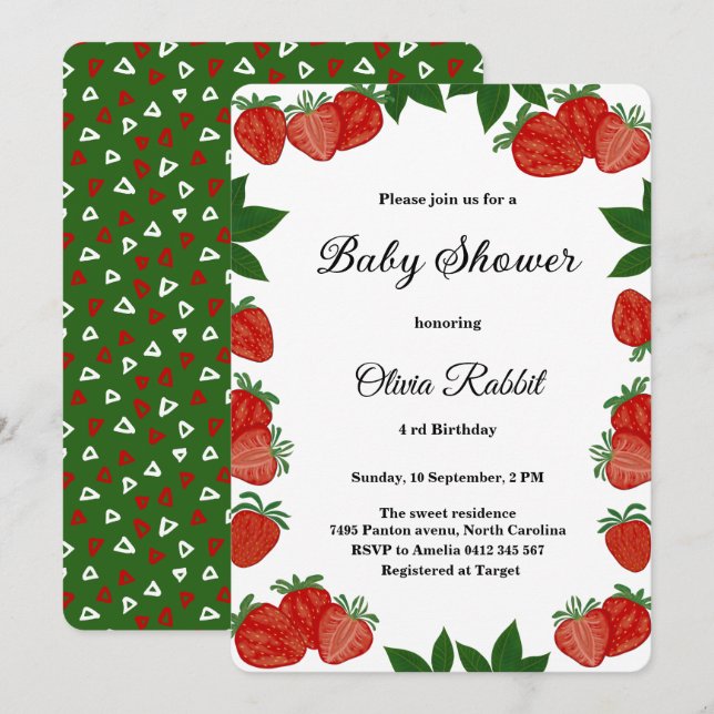  Strawberry Sweet Fruit Fresh Baby Shower Girl Invitation (Front/Back)