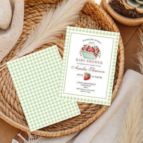 Strawberry Sweet Green Gingham Baby Shower  Invitation