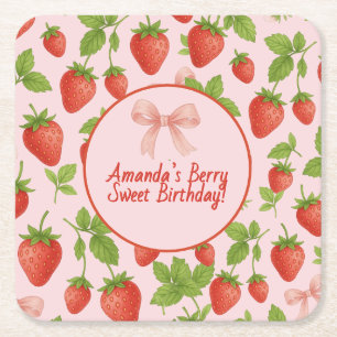 Strawberry Sweet Kids Birthday Party -  Square Paper Coaster