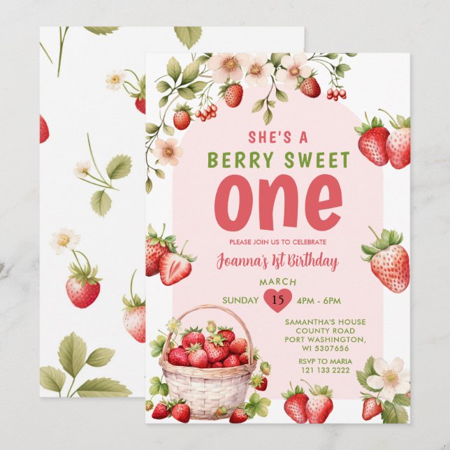 Strawberry Sweet One Berry 1st Birthday  Invitation (Front/Back)
