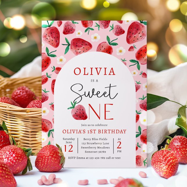 Strawberry Sweet One Berry 1st Birthday Party Invitation (Creator Uploaded)