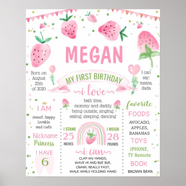 Strawberry Sweet one Birthday milestone Poster (Front)