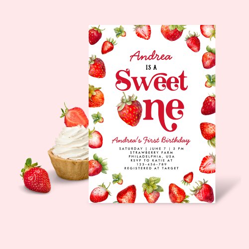Strawberry Sweet One First Birthday for Girls Invitation