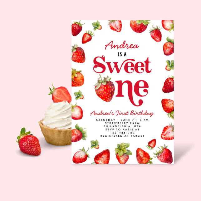 Strawberry Sweet One First Birthday for Girls Invitation | Zazzle