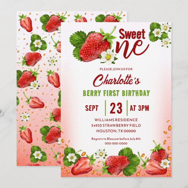 Strawberry Sweet ONE First Birthday Invitation (Front/Back)
