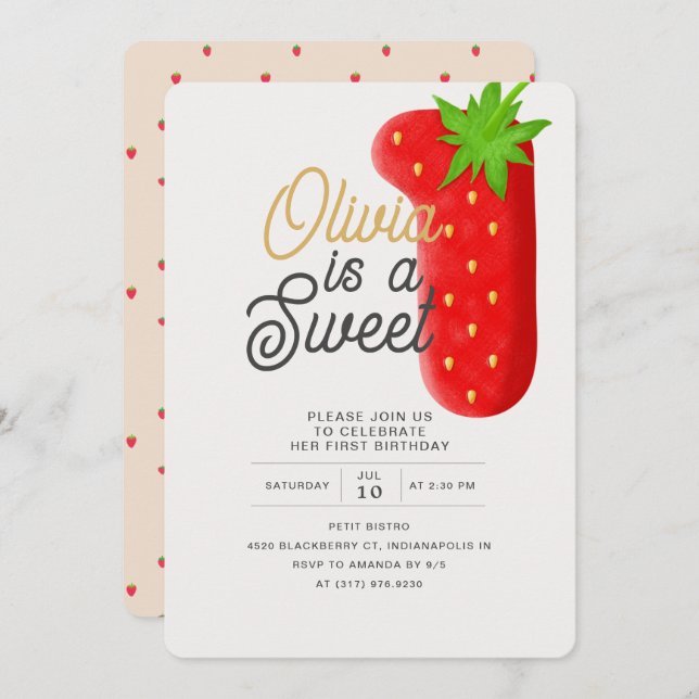 Strawberry Sweet One First Birthday Invitation (Front/Back)