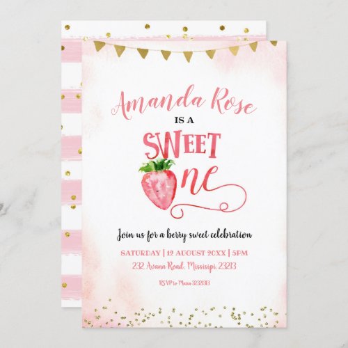 Strawberry Sweet One First Birthday Invitation