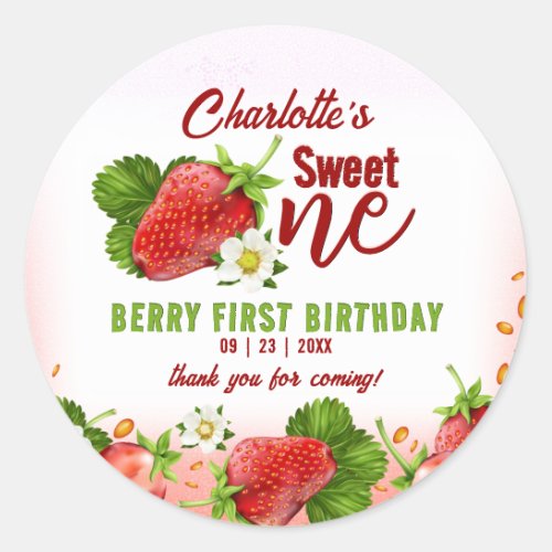 Strawberry Sweet ONE First Birthday Party Classic Round Sticker