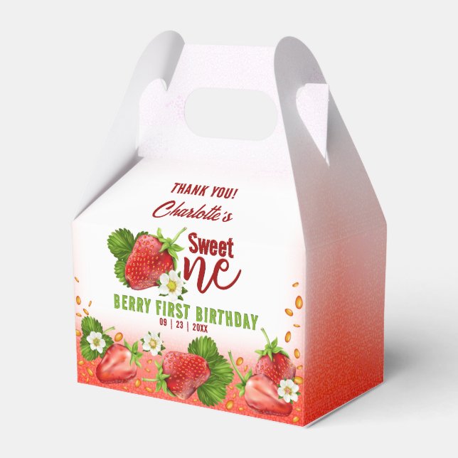 Strawberry Sweet ONE First Birthday Party Favor Boxes (Front Side)