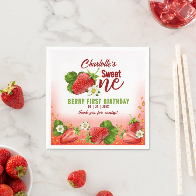 Strawberry Sweet ONE First Birthday Party Napkins (Insitu)