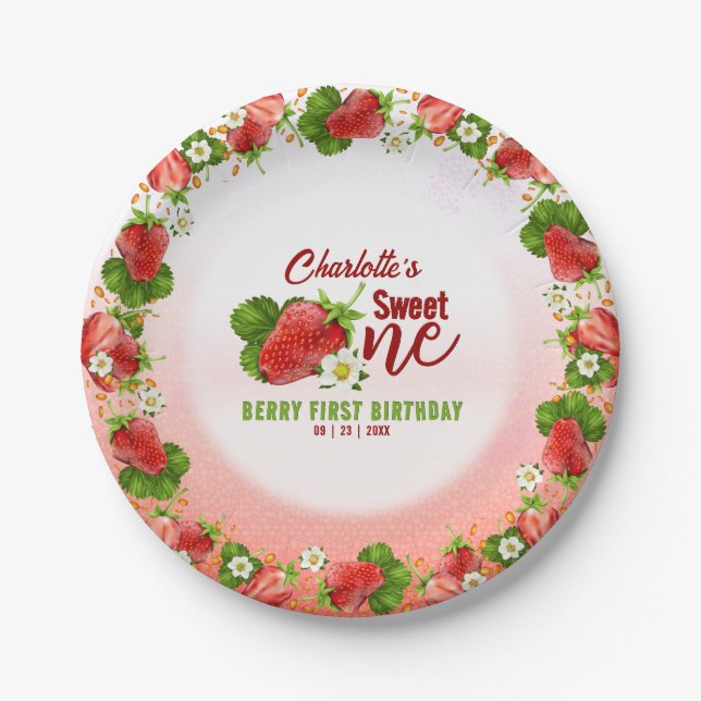 Strawberry Sweet ONE First Birthday Party Paper Plates (Front)